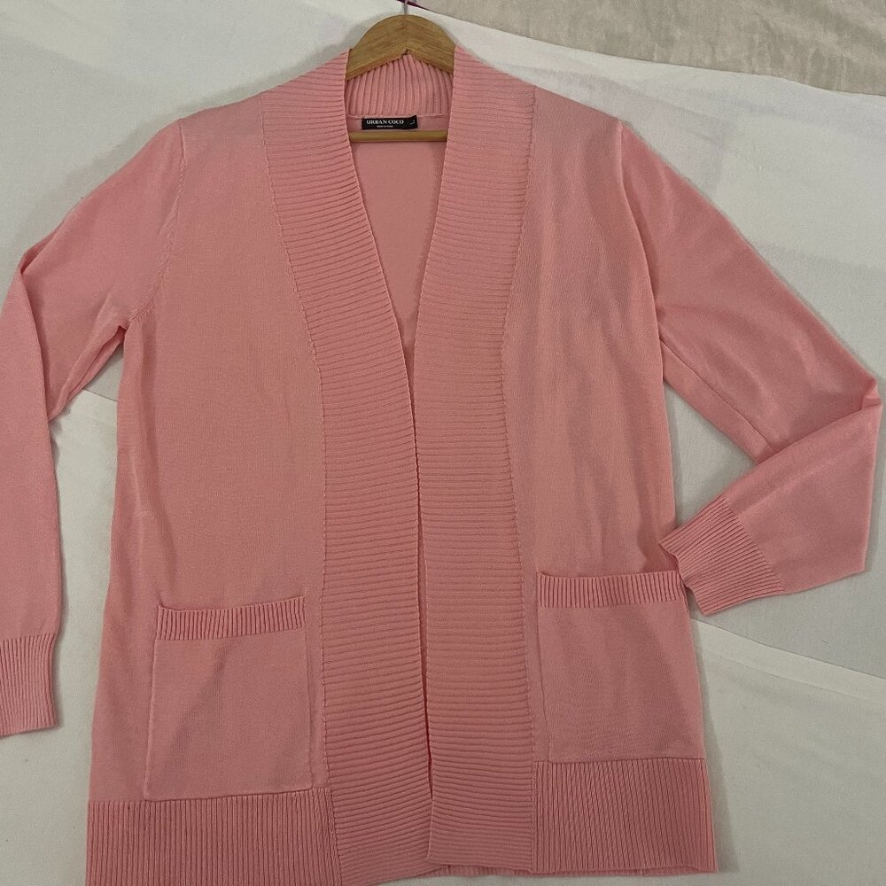 Women's Classic Pink Open Front Knit Cardigan Sweater Long Sleeve with Pocket L